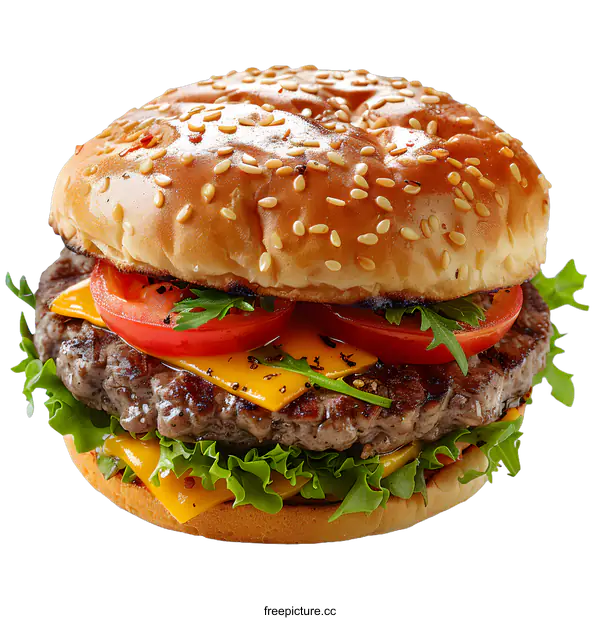 [Transparent Background PNG]A delicious cheeseburger with lettuce, tomato, and cheese
