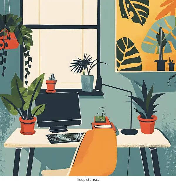 Home Office Desk with Plants and a Window