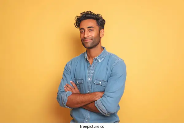 Confident Man in Light Blue Denim Shirt on a Yellow Background