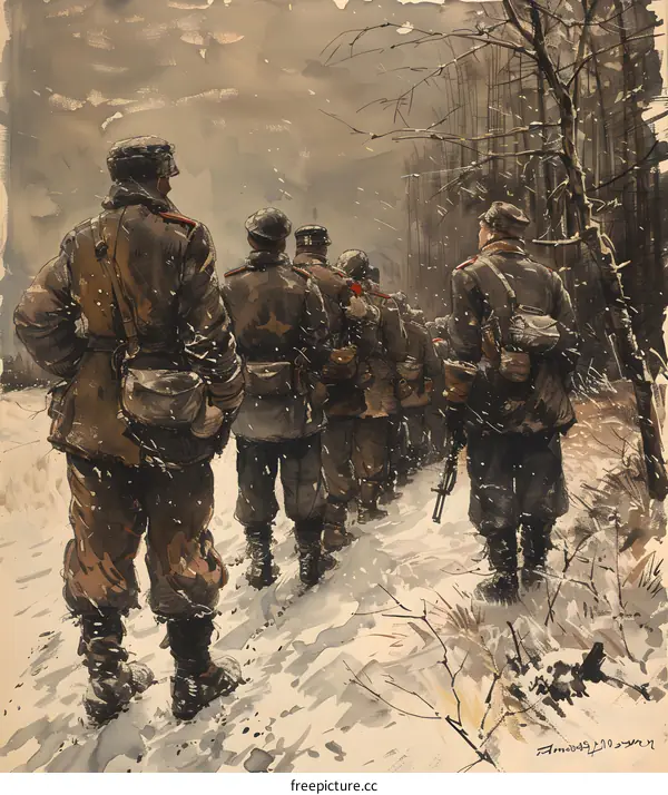 A group of soldiers walking through a snowy forest