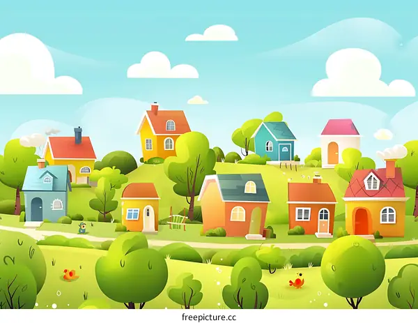Cartoon Illustration of a Colorful Village in a Green Meadow