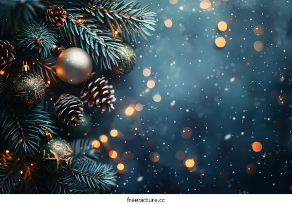 Christmas tree with decorations on a blue background with falling snow