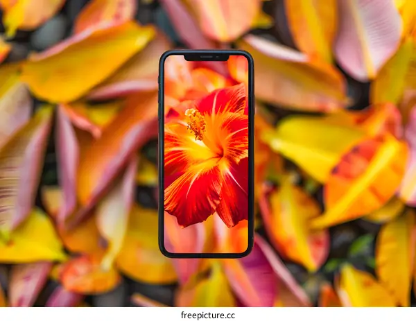 Smartphone Display Showing Closeup of Orange Hibiscus Flower