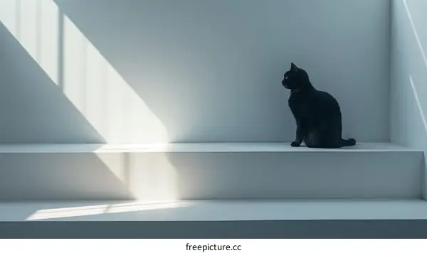 Black Cat Relaxing in Sunlight on White Table