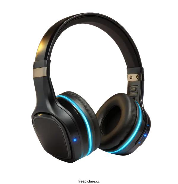 [Transparent Background PNG]Stylish Modern Black Headphones with Blue Lighting