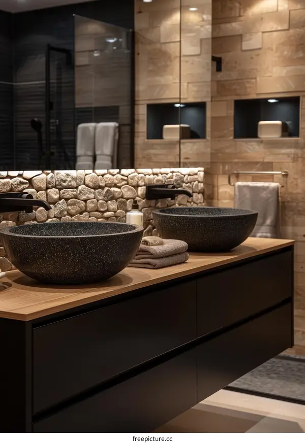 Modern Luxury Bathroom Vanity with Stone Wall