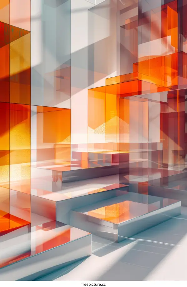 Abstract Geometric Structure with Orange and White Glass Blocks 3D Rendering
