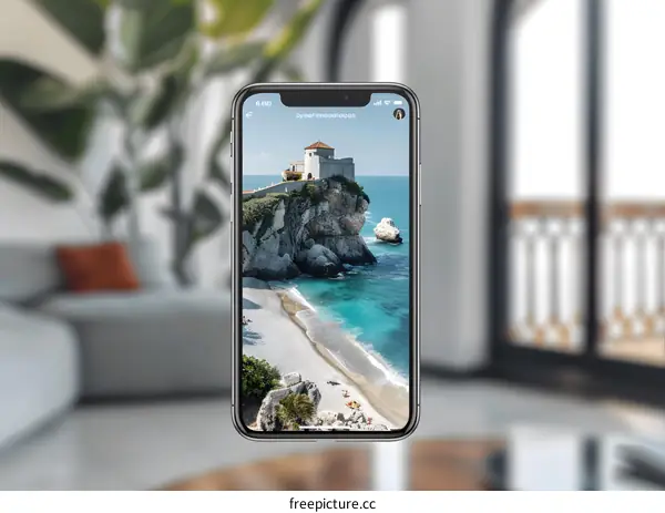 Beach And Cliffside Castle On A Smartphone Screen