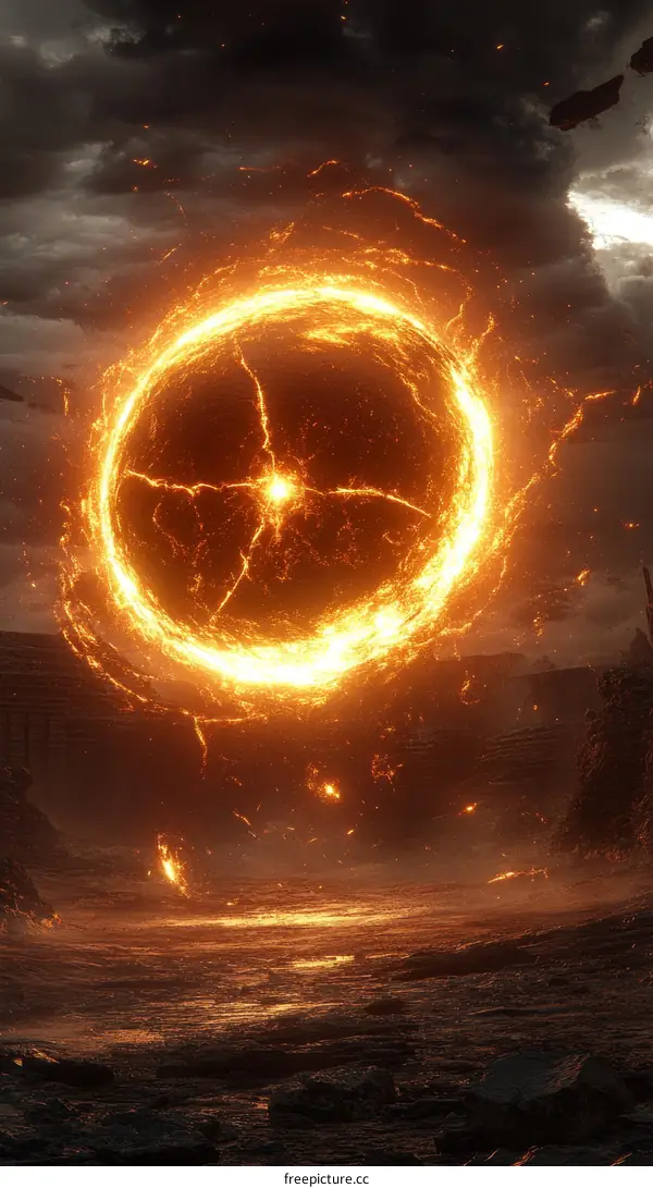 Fiery Celestial Orb in a Desolate Landscape