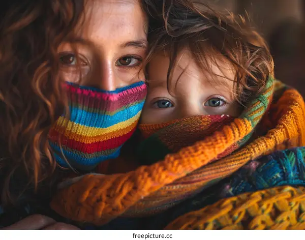 mother and child wearing colorful scarves