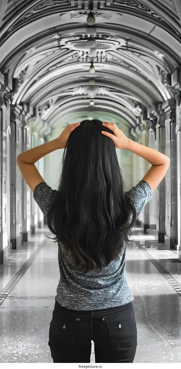 Woman with Long Black Hair Standing in a Corridor with Arched Ceiling