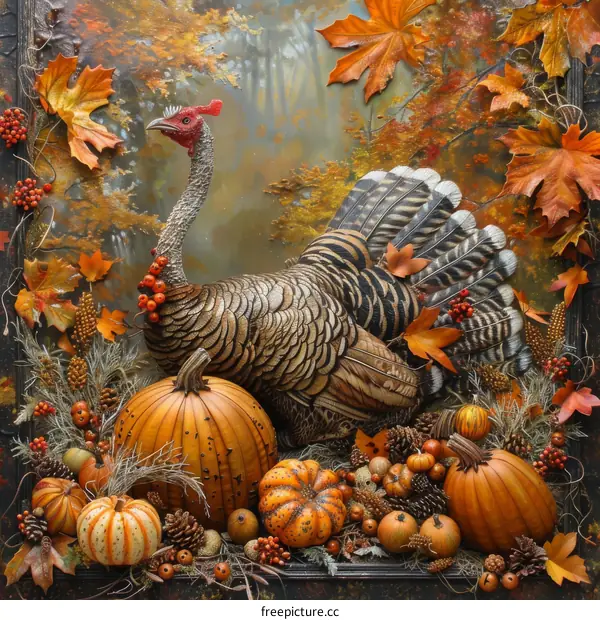 Autumn Thanksgiving Decorative Turkey and Pumpkins