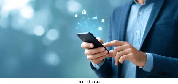 Businessman using smartphone with virtual home icons