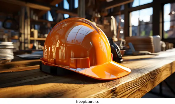 Orange hard hat on a wooden table with blurred background