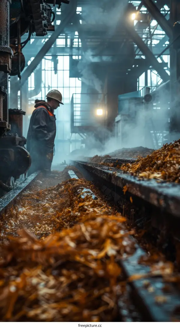 An industrial worker in a hard hat standing in a factory