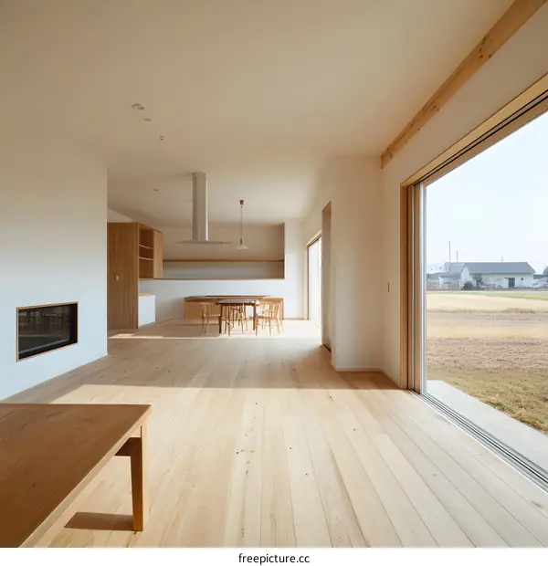 Minimalist Modern Living Room Interior Design With Wooden Floors And Large Window