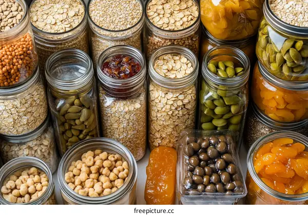Variety of Dried Fruits and Grains in Glass Jars