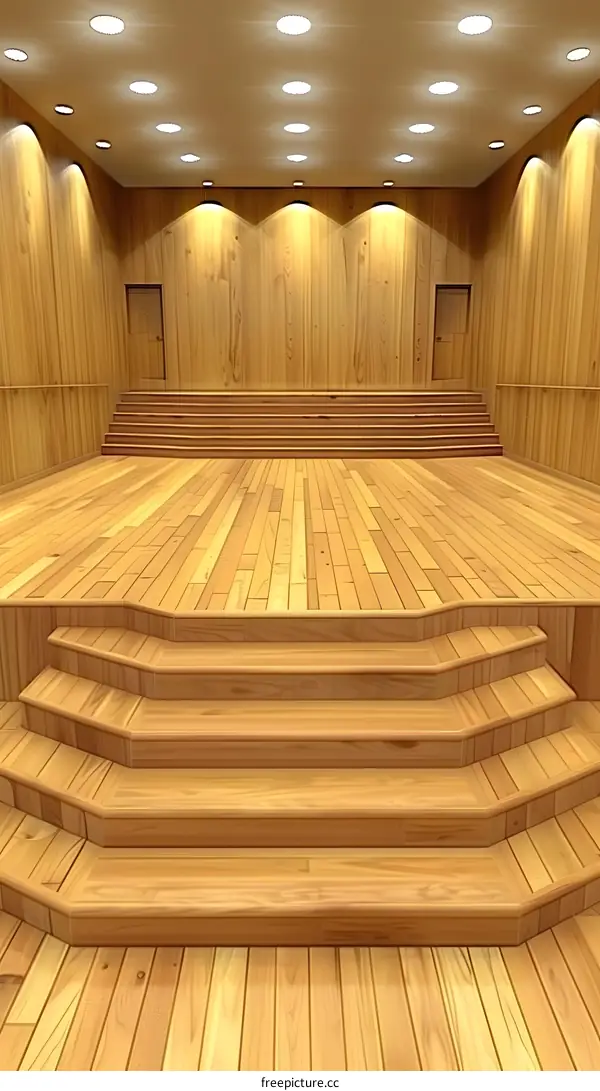 Wooden Stage With Stairs  In Empty Hallway