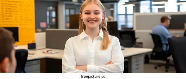 Smiling Young Business Woman Standing In Modern Office