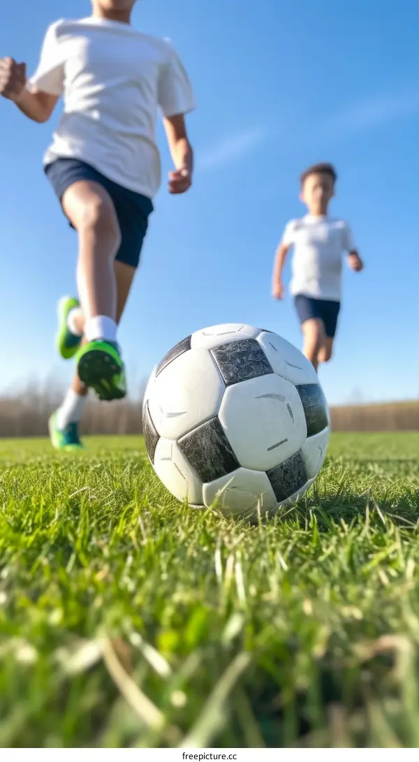 Two boys playing soccer on a field