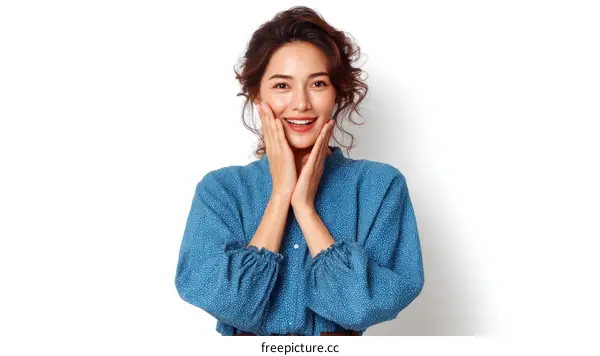 Happy Asian Woman Posing in a Blue Shirt