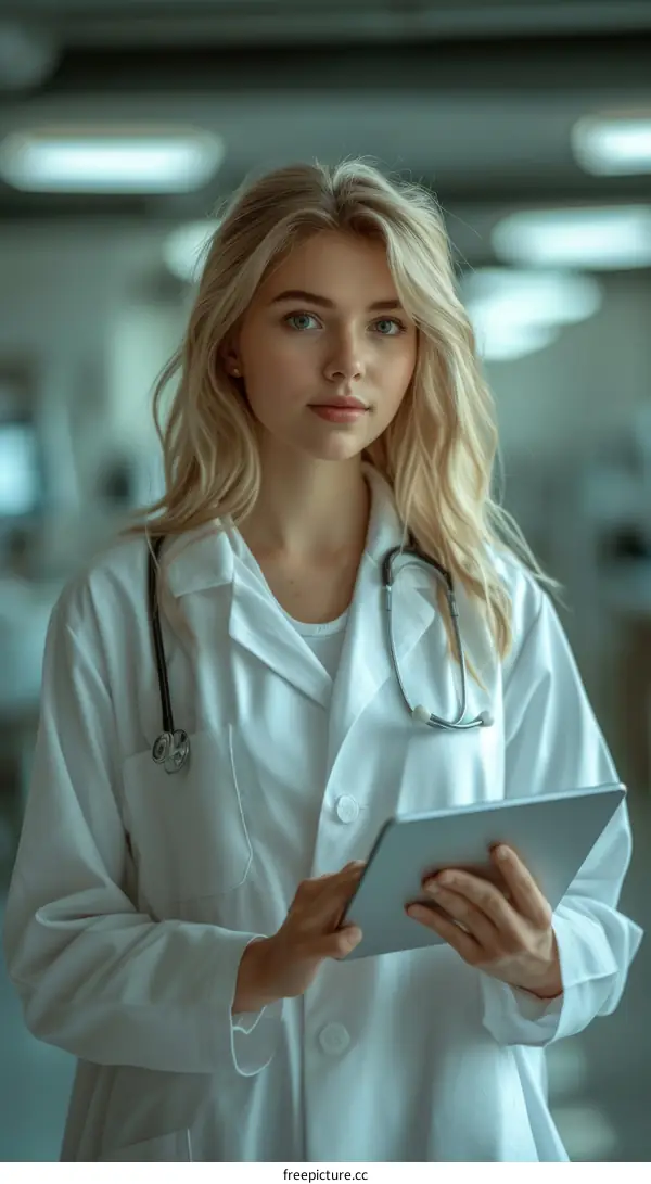 Portrait of a Confident Female Doctor in a White Coat Using a Digital Tablet
