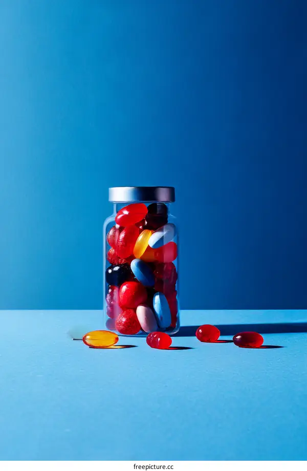 Colorful Pills and Capsules in a Clear Bottle on a Blue Background