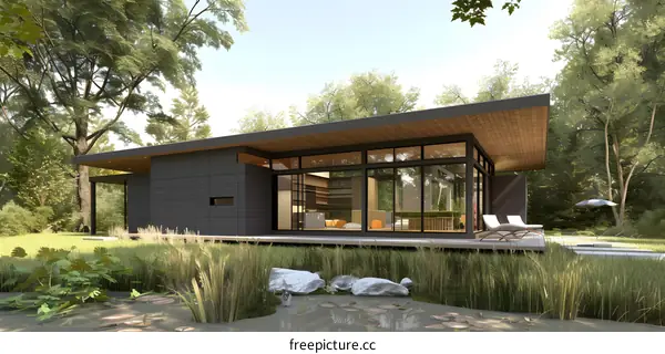 Modern Minimalist House Design with Large Windows and a Pond in Front