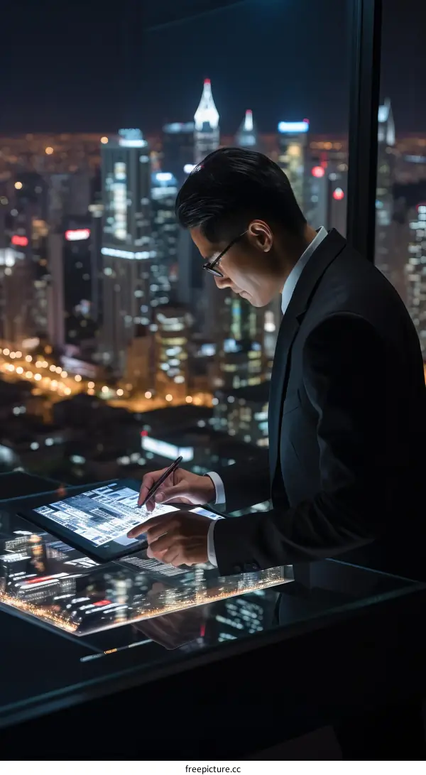 Asian businessman working late in his office overlooking the city