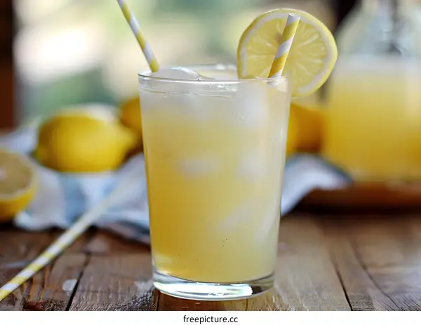 Refreshing Lemon Iced Tea with Ice Cubes and Straws