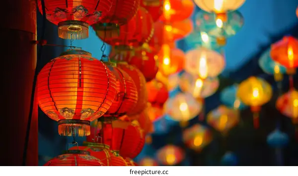 Red and yellow paper lanterns hang in a street during a Chinese festival.