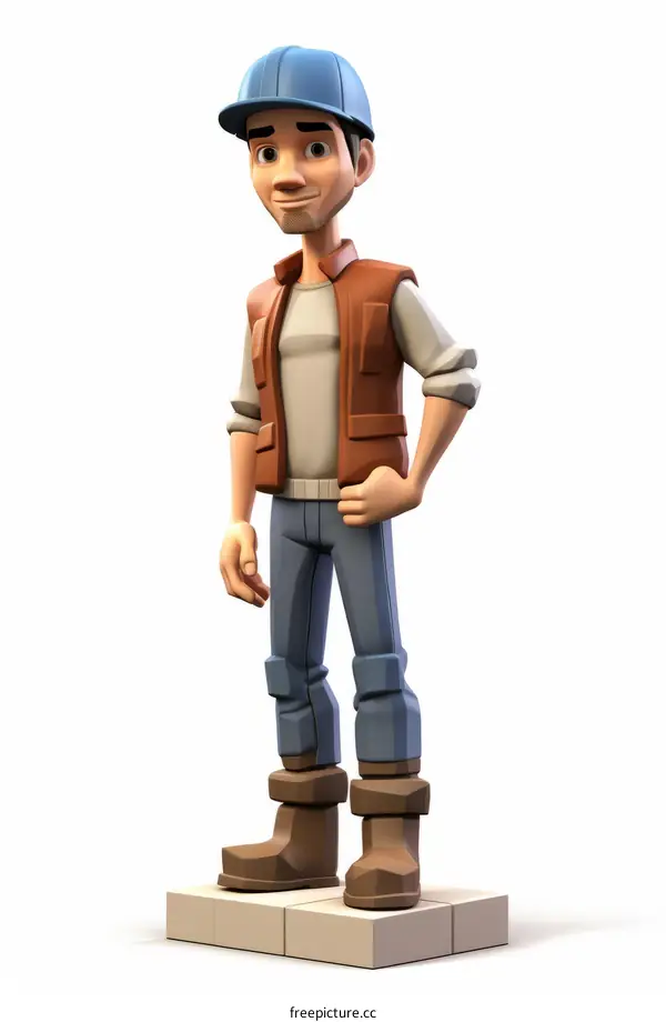 Construction Worker Wearing Hard Hat and Vest Cartoon Illustration