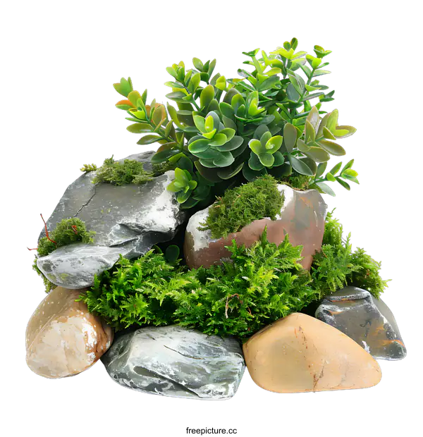 [Transparent Background PNG]Green Plant on Rocks with Moss