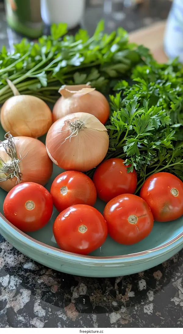 A bowl of tomatoes, onions, and parsley