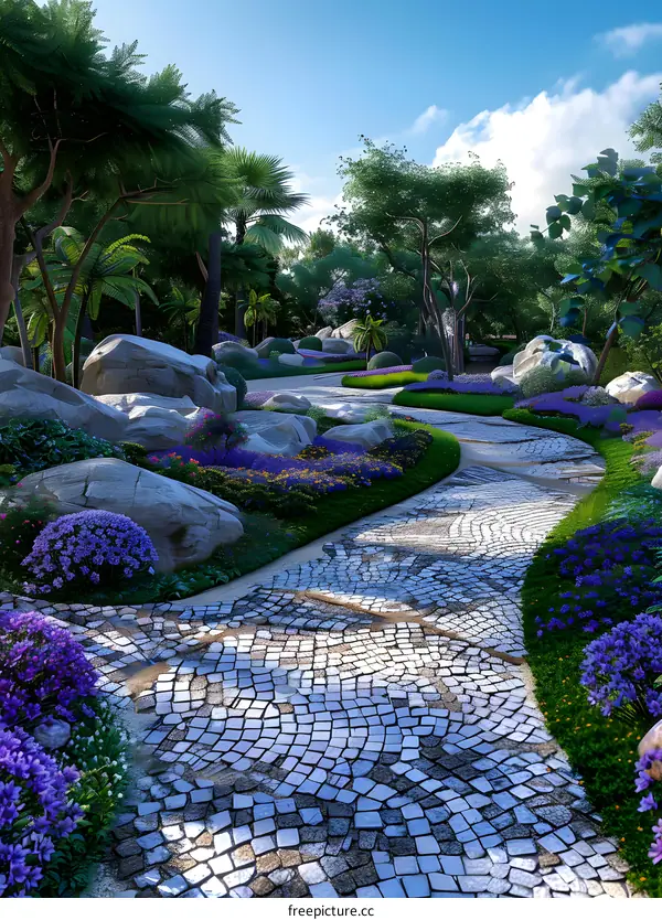 Stone path through a tropical garden