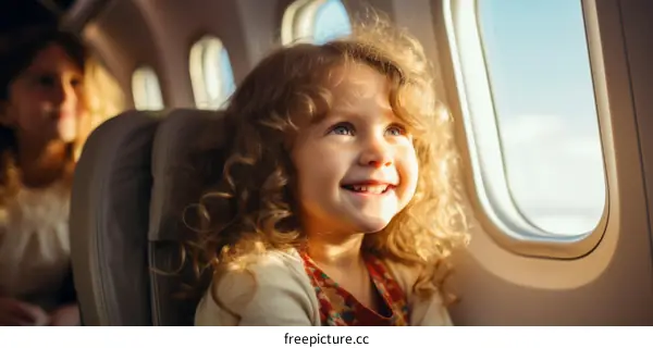 Little girl looking out the window of an airplane