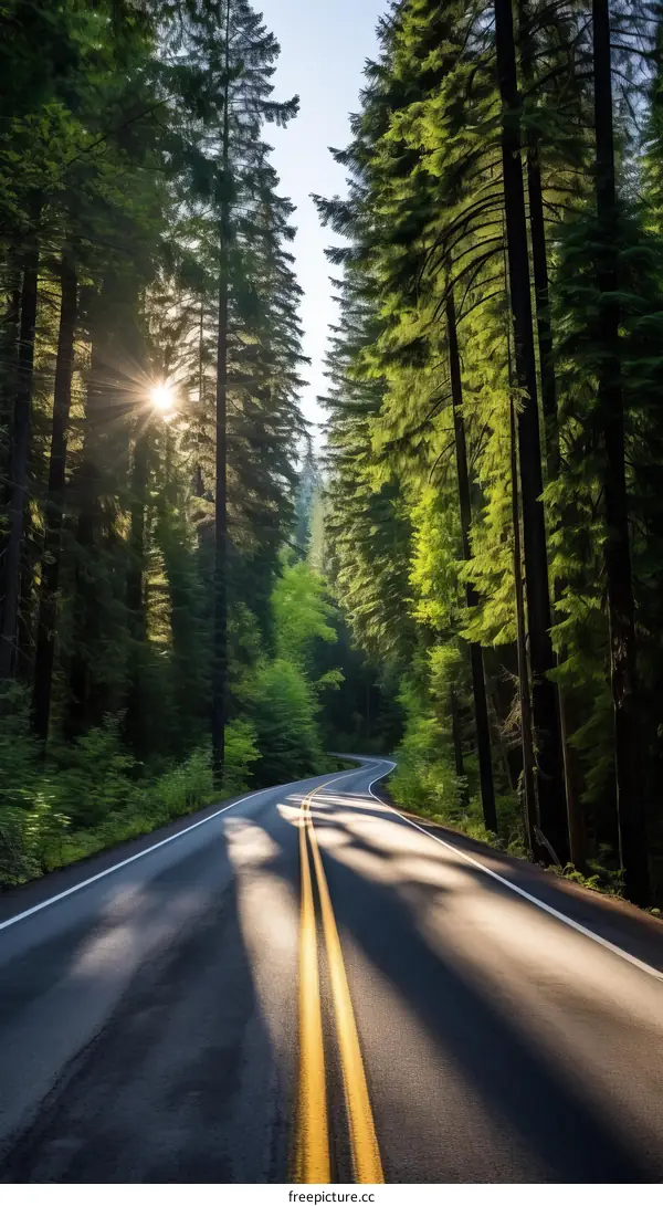 The sun shines through the tall tress on a beautiful day