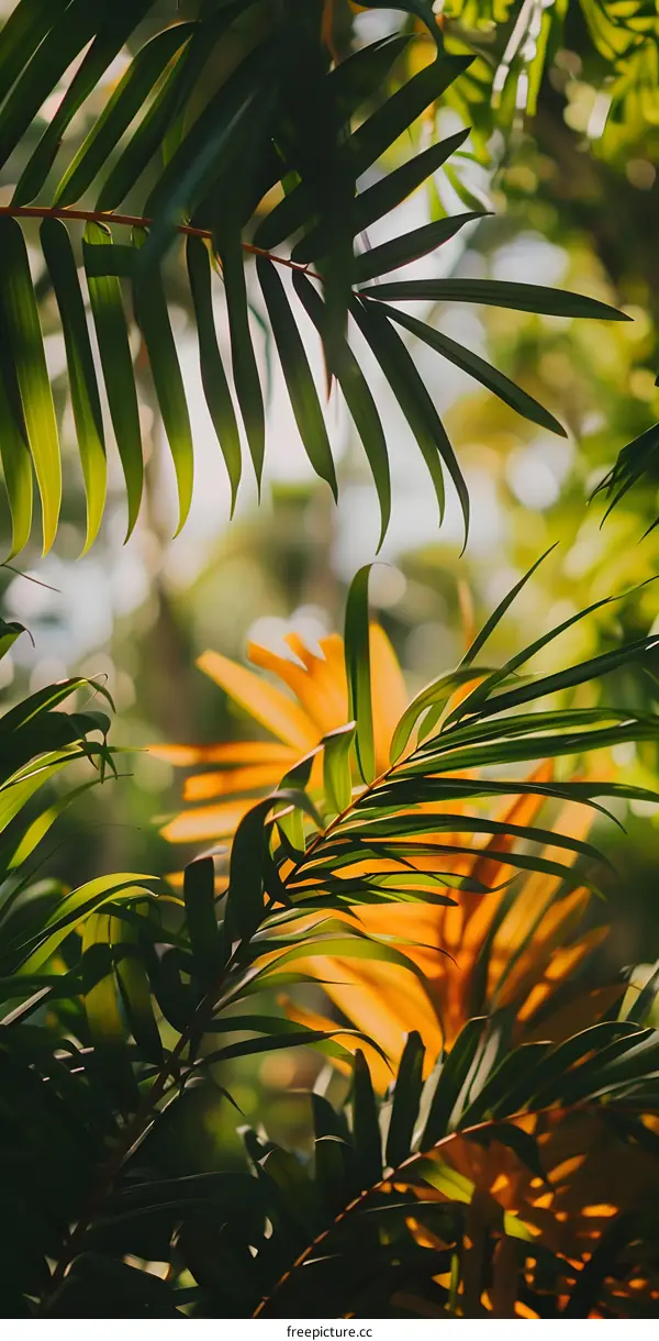 Green Tropical Palm Leaves In Sunlight