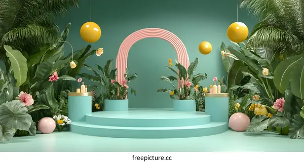 Tropical  Theme  Green  Background  With  Arch  And  Platform