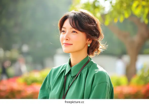 Asian Woman Outdoors in Green Shirt