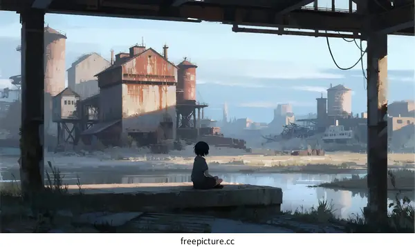 A lone figure sits by a rusty industrial riverbank at dawn