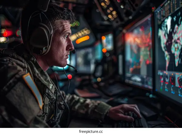 A soldier wearing a headset operates a computer system.