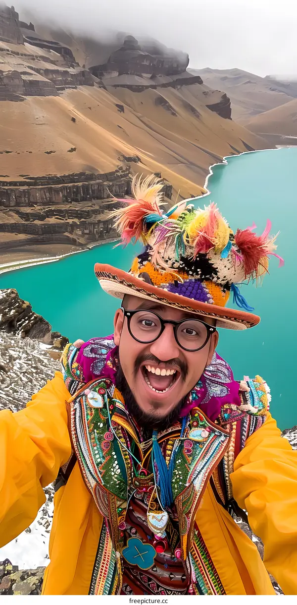 Man in Colorful Traditional Clothing Posing in Front of a Mountain Lake
