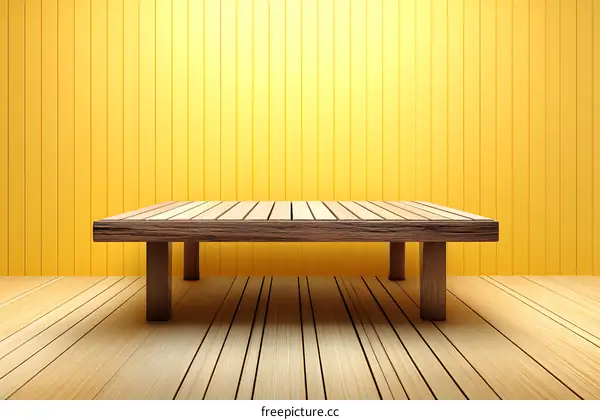 Empty Wooden Table Against Yellow Wall Scene