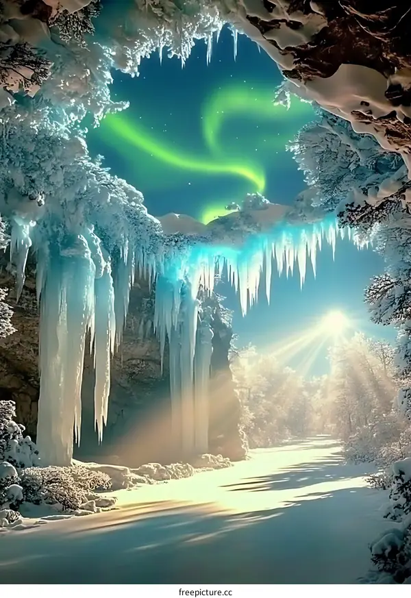 Winter Wonderland with Northern Lights Shining Through Icicle Cave