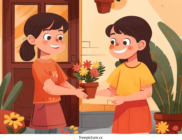 Two Girls Giving Flowers in Front of the House