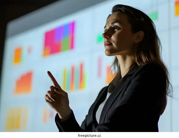 Businesswoman Giving Presentation with Charts and Graphs