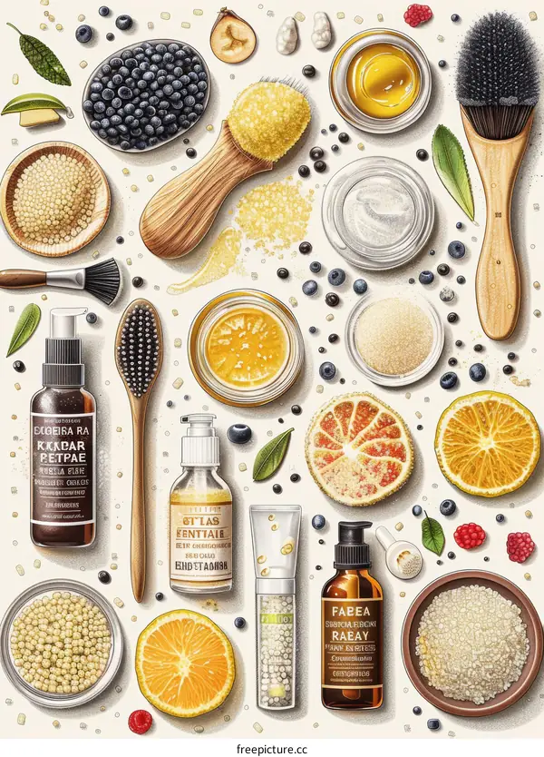Natural skincare ingredients and cosmetic products flat lay