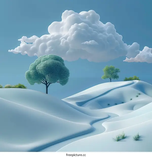 Whimsical 3D rendering of a winter landscape