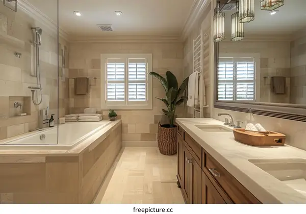 Modern Beige Bathroom with Double Sinks and Bathtub